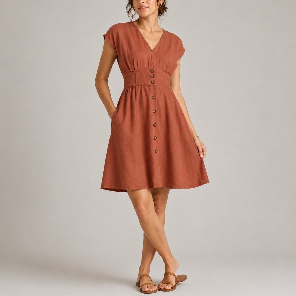 Quince Vintage Wash Tencel Button Front Dress Midi Resortwear Terracotta XS NWOT